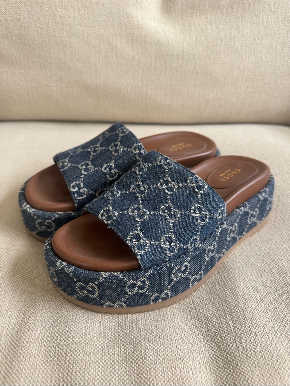 Gucci Denim Monogram Platform Slide Mules in Blue with Brown Footbed